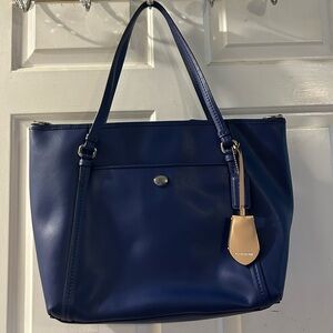 Coach Navy Leather Shoulder Tote with Tan Hangtag